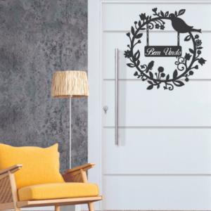 Quadro Decorativo em MDF 3MM Guirlanda Seja bem vindo Escultura MDF 3MM 30x30cm Cru, Branco e Preto  Laser 